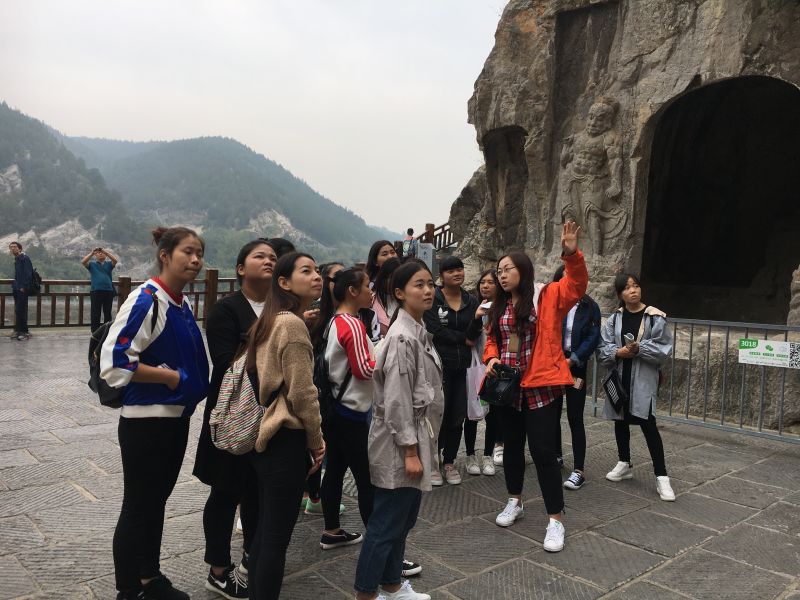 参加实习的员工认真听杨颖讲解龙门石窟
